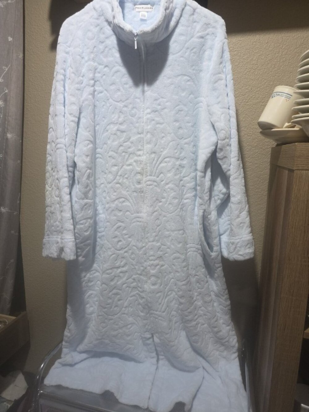 Miss Elaine Robe Womens Large Light Blue Embossed Velour Zip Up Pockets